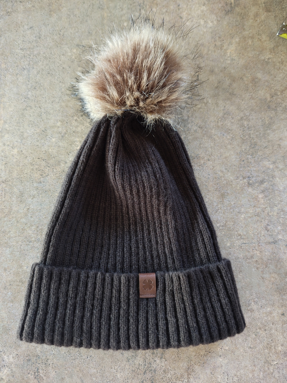 Lucky Brand Dark Brown Ribbed Beanie with Faux Fur Pom